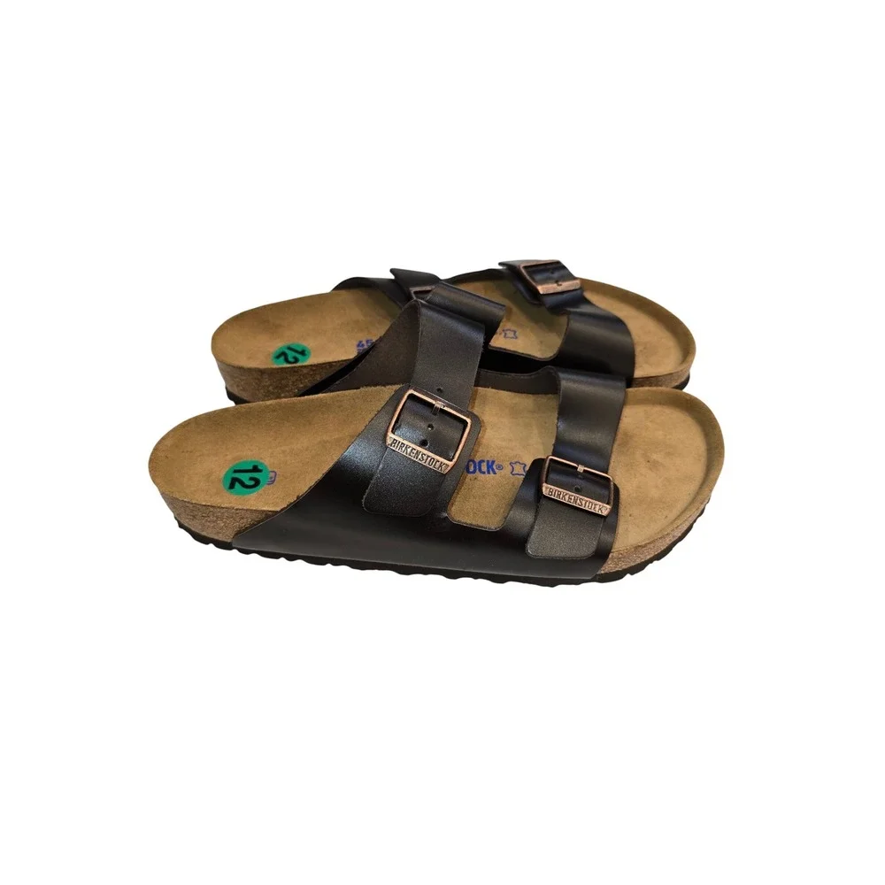 Birkenstock Arizona Black Leather Sandals Rose Gold Buckles EU45 US12 NWOB